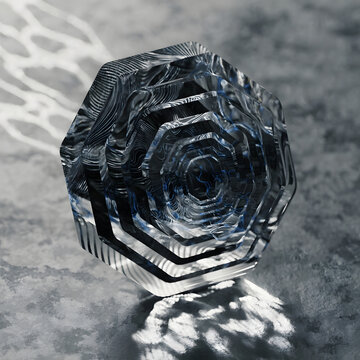 Interlocking translucent glass hexagonal layers with glowing blue core threads. Soft volumetric lighting, caustic reflections on a matte dark slate surface