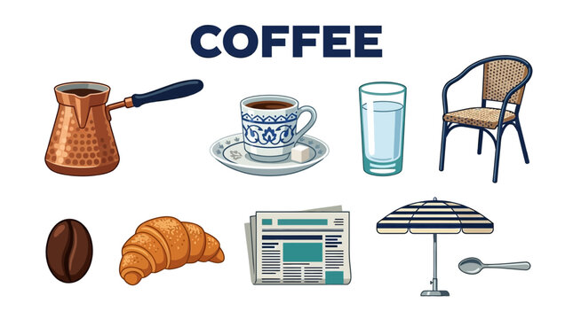 Collection of Coffee Related Items and Breakfast Elements.