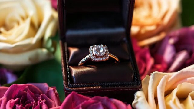 luxury engagement ring in a ring box surronded by colorful roses animation