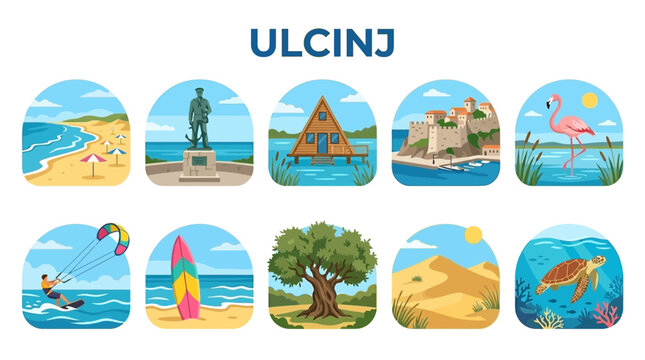 Collection of Ulcinj Montenegro Travel Icons and Landmarks.