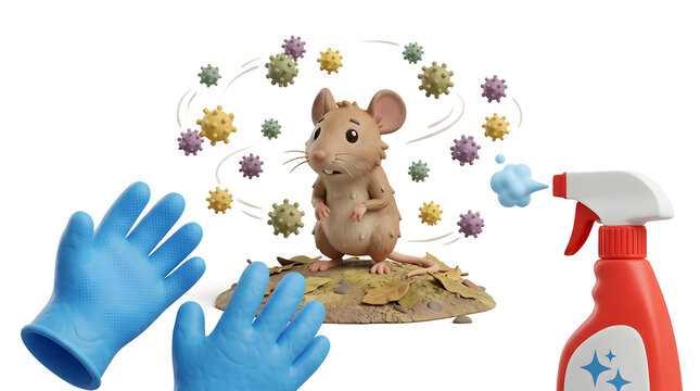 A mouse encounters the germ with a spray bottle and gloves representing cleanliness and hygiene.