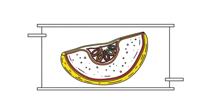 Cross section of a stylized citrus fruit slice with pulp and seeds, graphic illustration