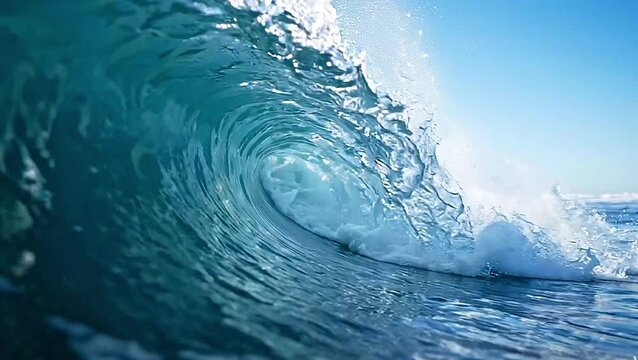 A powerful ocean wave curling and breaking in the bright sunlight, creating a beautiful barrel shape with clear blue water and sea spray