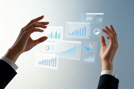 Hands interacting with digital data charts