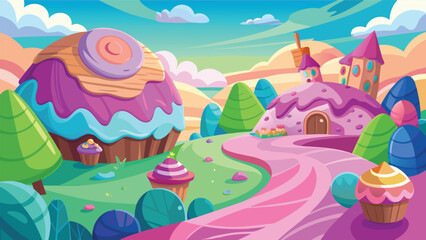 Obraz premium Fantasy candy land landscape with sweet cupcake houses and a winding pink path under blue sky Vector