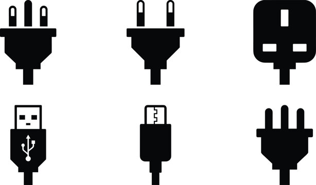 Universal Electrical Plug and USB Connector Icon Set Featuring International Power Adapters, Type G, Type B, and Digital Charging Cables for Technology and Travel Designs