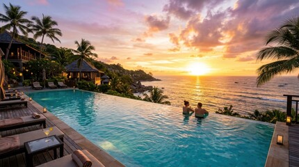 Fototapeta premium Romantic couple enjoys sunset view from infinity pool at tropical luxury resort