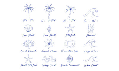 Obraz premium Hand Drawn Tropical Seaside Decorative Beach Elements Vector Pack.