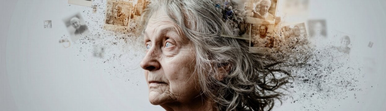 Elderly woman's mind dissolving, old photographs fading away, concept of alzheimer's, memory loss, and dementia