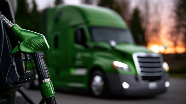 Green fuel nozzle at a gas station with a blurred green semi-truck in the background during sunset.