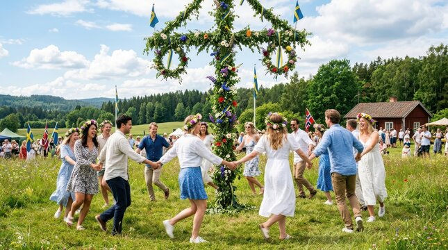 People dancing around a maypole in a field during a traditional Swedish summer celebration