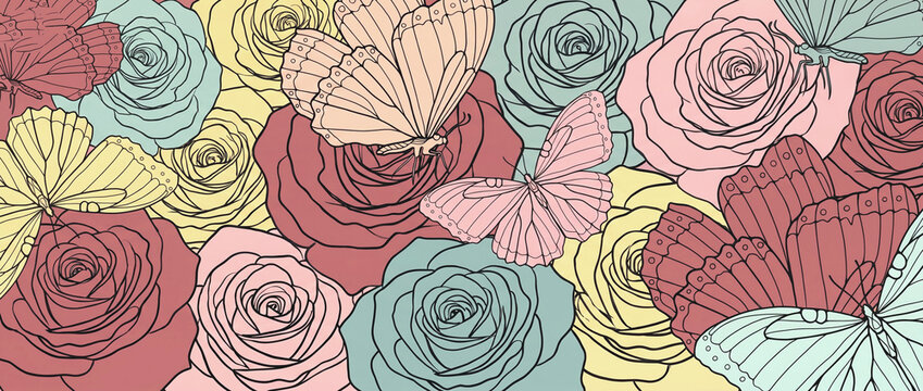 Morandi color rose and butterfly line art illustration, seamless tile background, gentle vintage floral pattern material