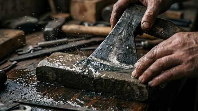 Close up of craftsman sharpening a vintage axe on a whetstone with water splashes