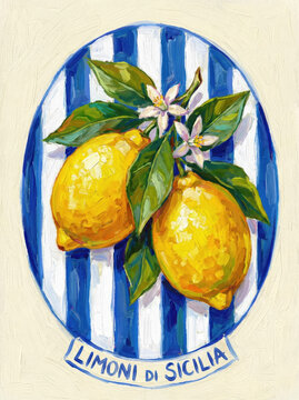 Limoni di Sicilia Vintage Style Painting with Yellow Lemons on Blue and White Striped Oval Background, Mediterranean Kitchen Art Illustration