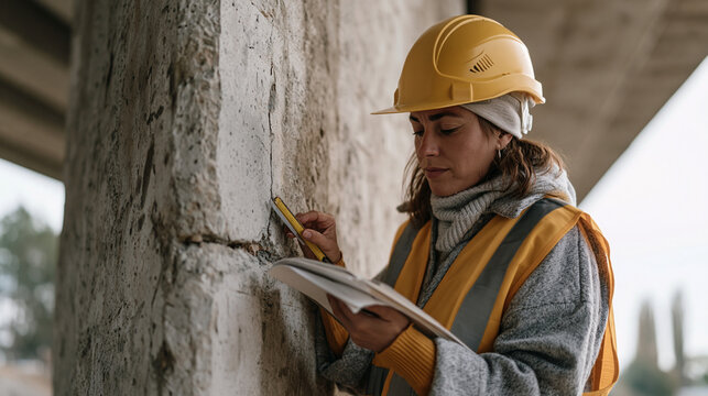 Solitary female civil engineer measuring crack width gauge on deteriorating concrete bridge pier below deck, underbridge inspection, structural assessment, infrastructure condition survey, overcast 