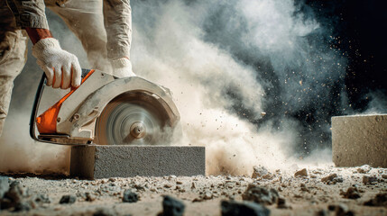 Obraz premium A worker uses a power saw to cut a block on a construction site. Dust and debris fill the air as the saw blade moves through the material