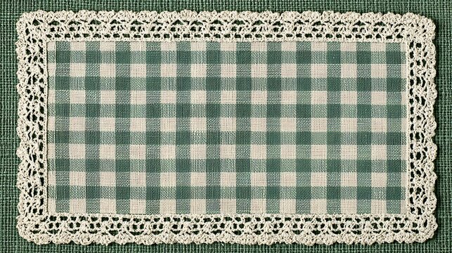 Rustic green and white plaid place mat with delicate lace edge
