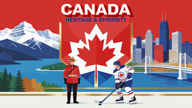 Vibrant illustration celebrating Canada's heritage and diversity with iconic symbols like the maple leaf, RCMP officer, hockey player, and city skylines.