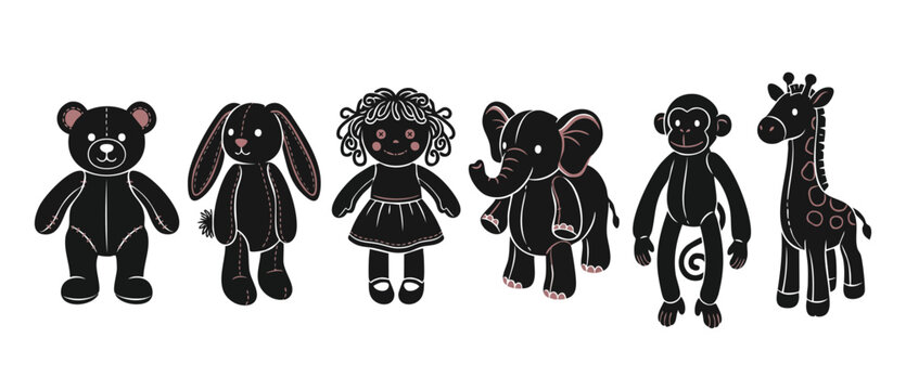Stuffed Animal Toys Set, Cute Plush Dolls Collection for Kids, Bear Rabbit Rag Doll Elephant Monkey Giraffe Icons, Black Silhouette Design Elements on White Background for Nursery Decor and Clip Art