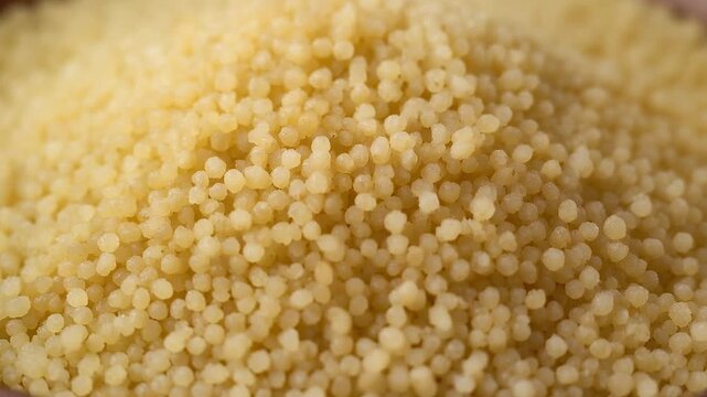 Pile of small yellow couscous grains close-up