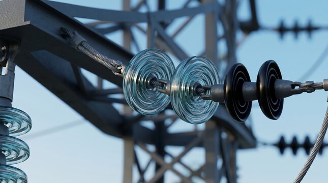 Close-up of glass and ceramic insulators on a high-voltage power line tower