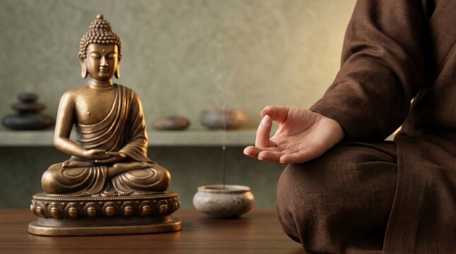 Zen meditation with Buddha statue and incense, promoting inner peace and mindfulness