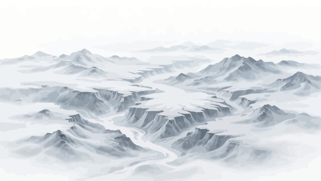 Minimalist Monochrome Aerial Landscape of Mist-Shrouded Plateau Canyon Range with Winding Mist-Filled Valley Receding into Hazy Distant Mountain Peaks
