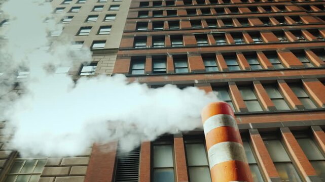 Industrial steam billows from a street vent, forming dense clouds against the backdrop of towering city buildings, low angle view.