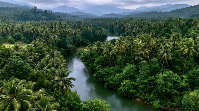Aerial view of a serene river winding through lush tropical palm forest in Kerala