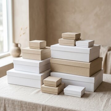 "Minimalist Packaging Concept: Stack of Premium White and Brown Cardboard Gift Boxes in a Bright Modern Studio Setting"