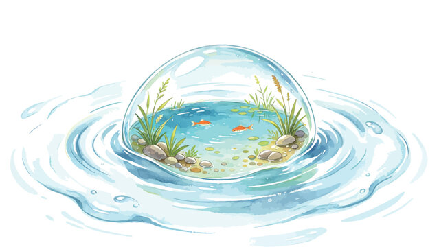Whimsical Watercolor Illustration of a Miniature Pond Encapsulated Inside a Transparent Water Bubble Resting on Rippling Water, with Tiny Goldfish, Aquatic Grasses, Smooth Pebbles and Lily Pads