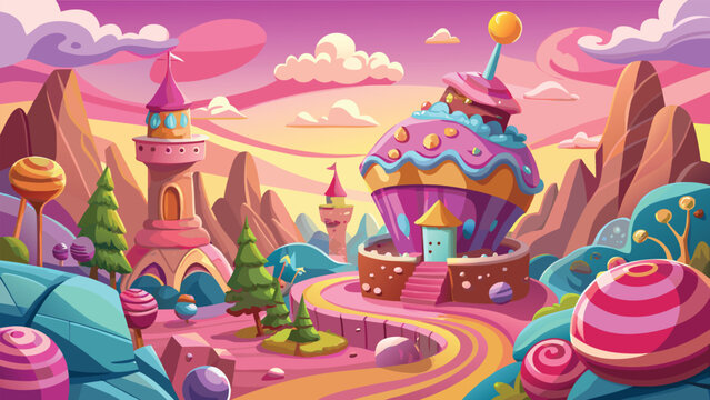 Magical cupcake house in a colorful fantasy candy land with pink sky and sweet towers Vector