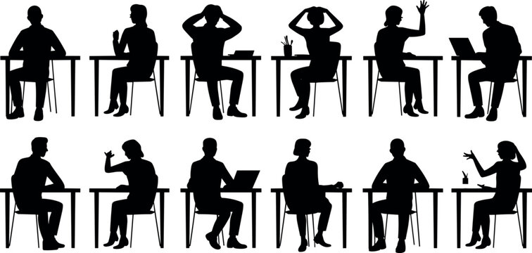 Silhouettes of Diverse People Sitting at Desks in Office or Classroom Setting Working Studying Participating Raising Hands and Using Laptops