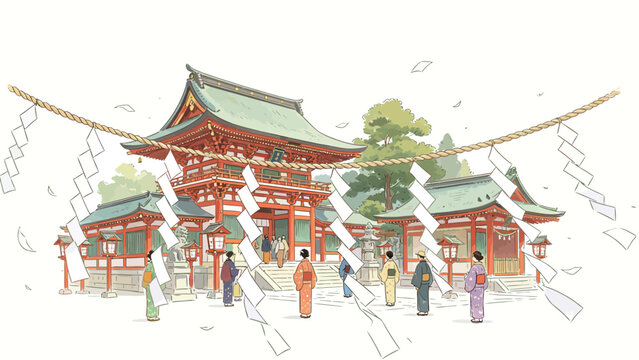 Soft Watercolor Illustration of a Traditional Japanese Shinto Shrine, Visitors in Kimono, Fluttering Shide Streamers, Calm Serene Historic Atmosphere