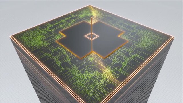 未来都市の超高層ビル頂部で黄金に発光し起動する巨大な金融HFTマイクロチップと回路網