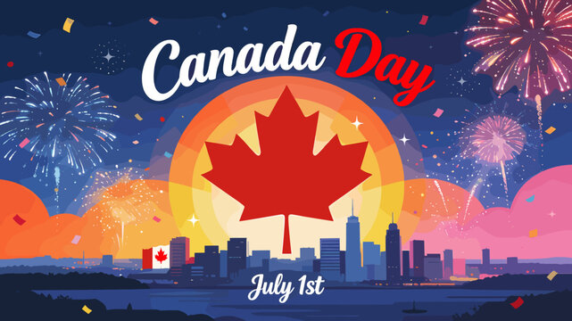 Vibrant illustration of Canada Day celebration with fireworks over a city skyline, featuring a large maple leaf and the date July 1st.
