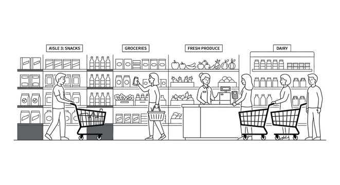 Supermarket aisle scene with shoppers and grocery shelves line art