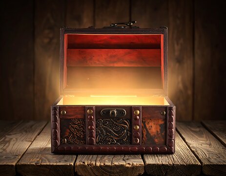 A rusty, old, ornate treasure chest on a wooden surface