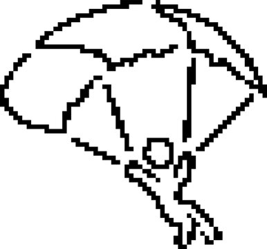 Pixel art vector illustration of a parachutist landing with open parachute in dynamic pose in 8-bit style on transparent background.