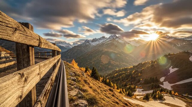Scenic Mountain Landscape with Wooden Fence, Roller Coaster Track and Golden Sunset Rays Shining Through Clouds in Autumn