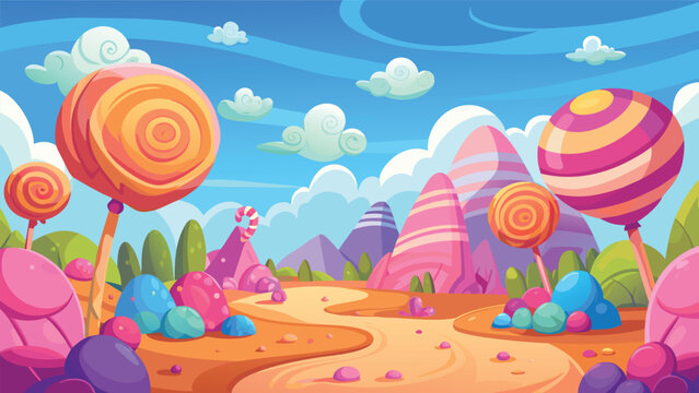 Colorful fantasy candy land landscape with giant lollipops and pink mountains under blue sky Vector