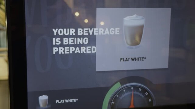Coffee prep display. Modern self service station with digital menu and progress indicator for coffee