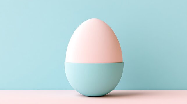 Minimalist pink egg in a blue cup against a two-tone pastel background