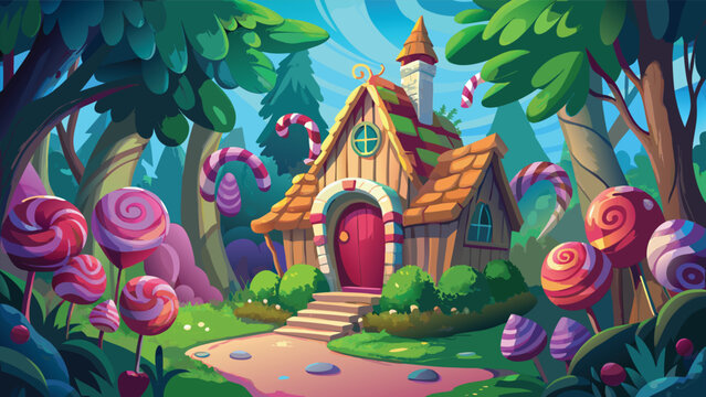 Magical candy house in a fantasy forest with sweet lollipops and colorful trees Vector