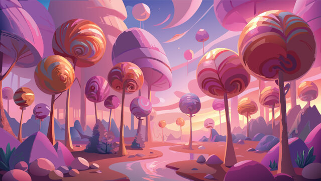 Magical candy forest with round lollipop trees in a colorful fantasy dream land landscape Vector