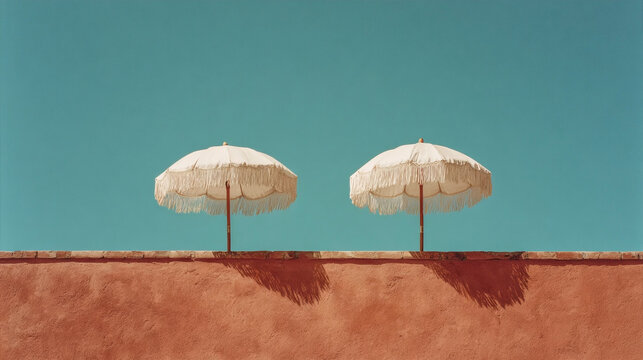 Two cream boho fringe parasols above terracotta wall against clear teal sky, symmetric minimalist summer resort aesthetic, copy space background
