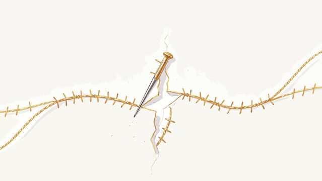 Surreal Minimal Conceptual Illustration of Golden-Handled Sewing Needle Stitching Barbed Gold Thread to Mend Torn Matte Cream Paper