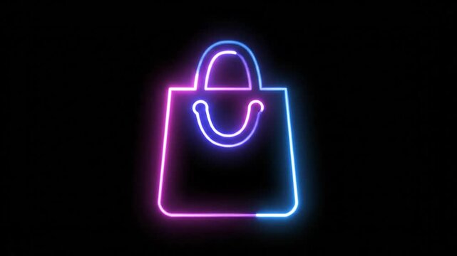 Neon shopping bag outline animation on black background representing retail and consumerism concepts