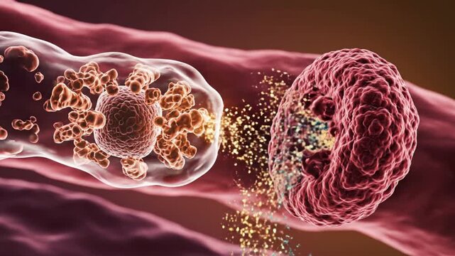 Precision Medicine CAR-T Cell Therapy Targeted Oncology Immunotherapy Attacking Cancer Cell in Bloodstream Particle Release Macroscopic 3D Animation Copy Space
