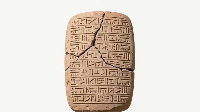 Fragmented Reassembled Ancient Clay Cuneiform Tablet With Incised Mesopotamian Wedge Script, Isolated On Clean Neutral White Background